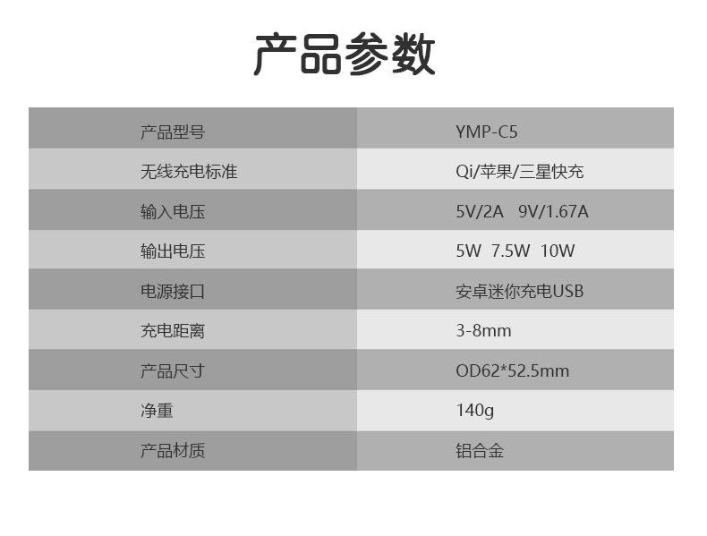YMP-C5无线充电器产品参数